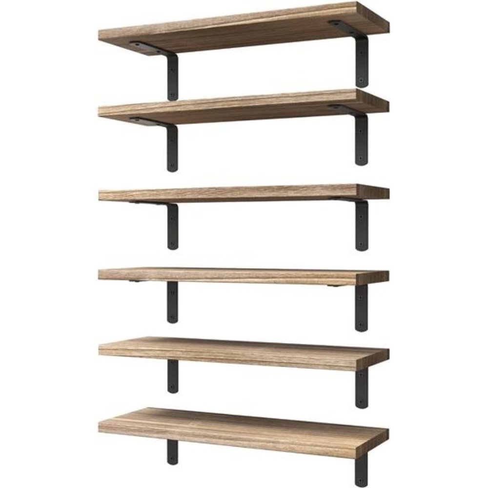 Wood Floating Shelves Set of 6 for Wall Decor, eFloating Shelves -Rustic Brown
